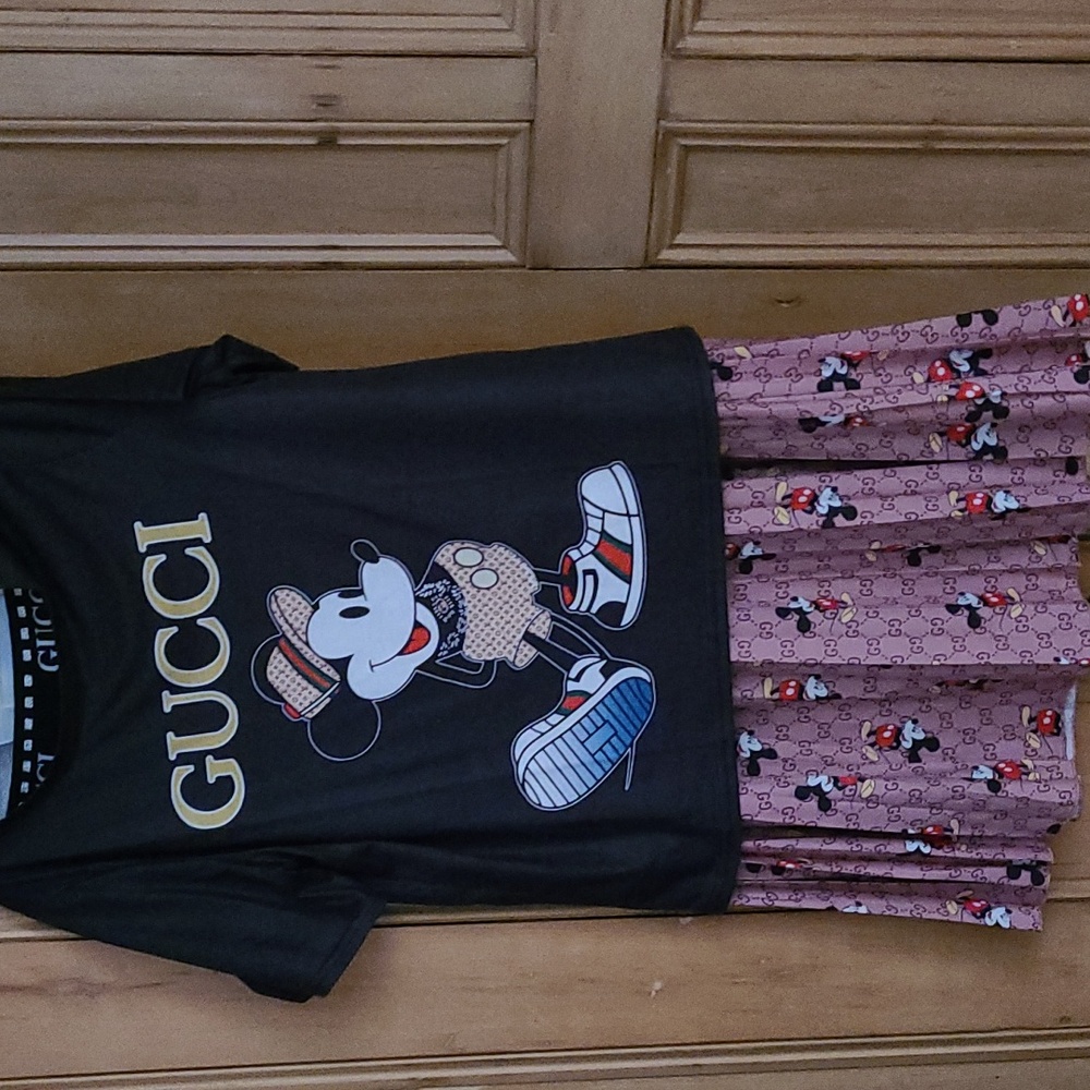 Mikey mouse Gucci skirt set,black t-shirt with tan printed skirt.